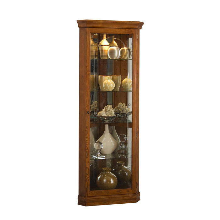 PFC Curios - Mirrored 4 Shelf Corner Curio Cabinet - Golden Oak Brown