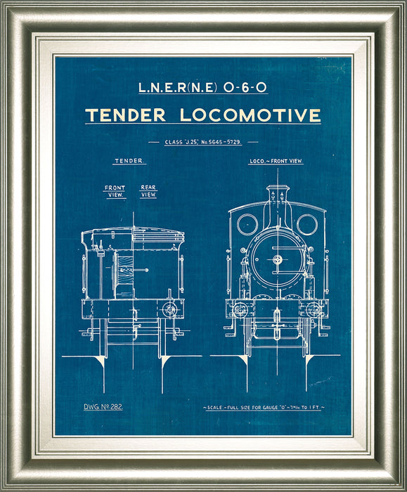 Locomotive Blueprint III By Wild Apple Portfolio - Framed Print Wall Art - Blue